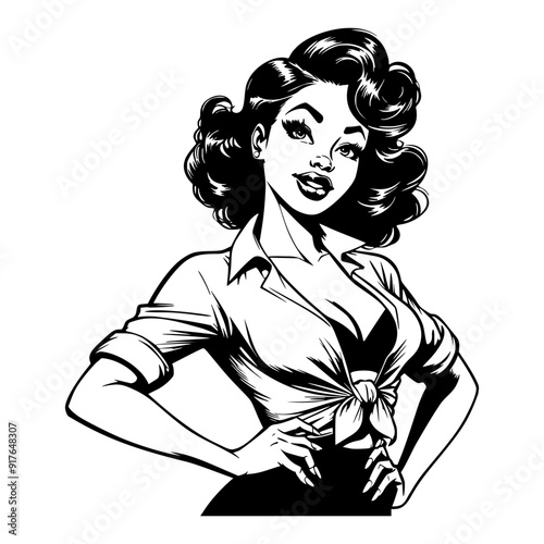 Black and white pop art illustration of a confident retro woman with hands on her hips, wearing a tied blouse and showcasing classic 1950s style and vintage attitude.