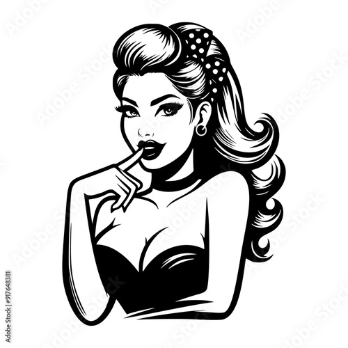 Black and white pop art illustration of a seductive retro woman with her finger on her lips, showcasing classic 1950s style and vintage allure with a confident, flirtatious expression.