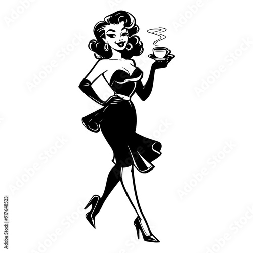 Black and white pop art illustration of a glamorous retro woman confidently walking while holding a cup of coffee, showcasing classic 1950s style and vintage elegance.