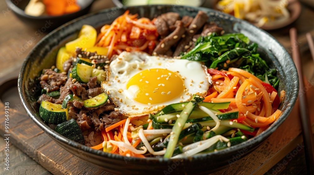 Bowl of Bibimbap with Colorful Vegetables, Beef, and a Fried Egg Bowl of Bibimbap with Colorful Vegetables, Beef, and a Fried Egg