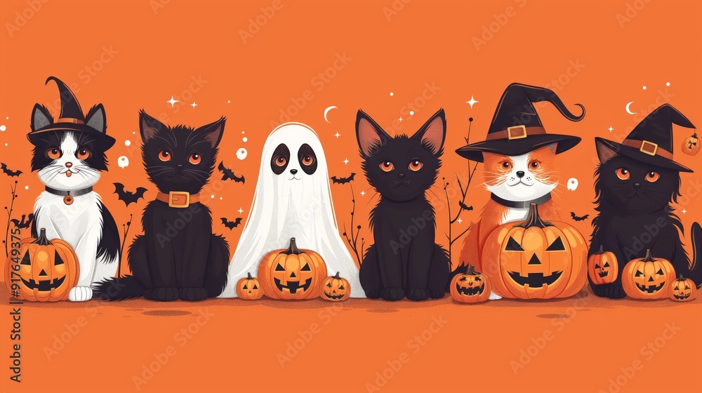 Adorable Halloween Cats in Festive Costumes Sitting with Jack-o'-lanterns Against Bright Orange Background, Perfect for Holiday Celebrations and Seasonal Decorations Adorable Halloween Cats in Festive Costumes Sitting with Jack-o'-lanterns Against Bright Orange Background, Perfect for Holiday Celebrations and Seasonal Decorations