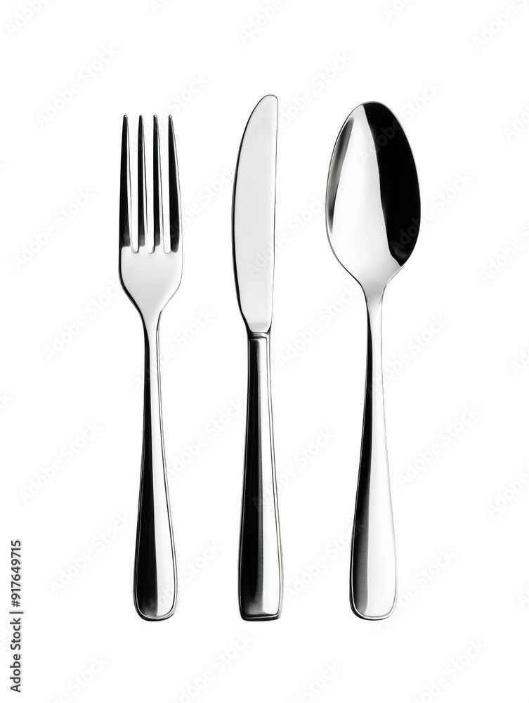 Shiny stainless steel cutlery set isolated on white background, featuring a fork, knife, and spoon. Perfect for dining and kitchen use. PNG, Transparent, No Background Shiny stainless steel cutlery set isolated on white background, featuring a fork, knife, and spoon. Perfect for dining and kitchen use. PNG, Transparent, No Background