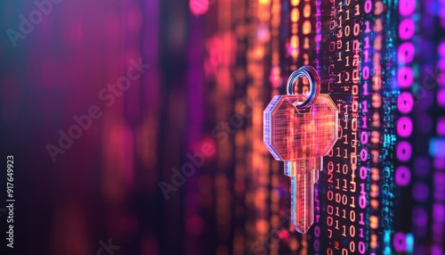 A digital key hangs over a background of binary code, symbolizing the protection of data and cybersecurity.