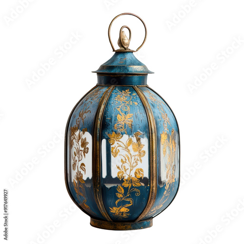 Vintage ornate blue and gold lantern with intricate floral patterns, perfect for home decor, antique collections, or themed events. PNG, Transparent, No Background