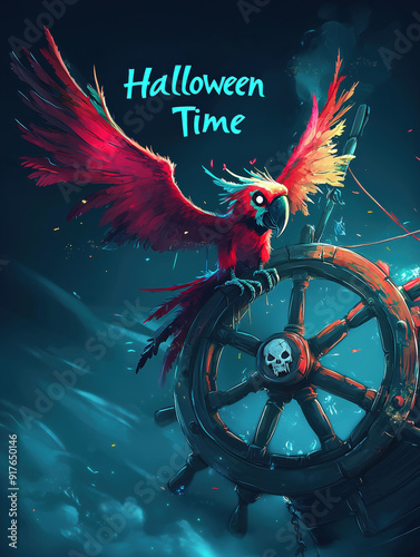 Skeletal Winged Parrot Pirate's Pet on Rotting Ship Wheel - Spooky Halloween Cartoon Image with 'Halloween Time' in Fog - Dark and Eerie Stock Art for Halloween Themed Projects