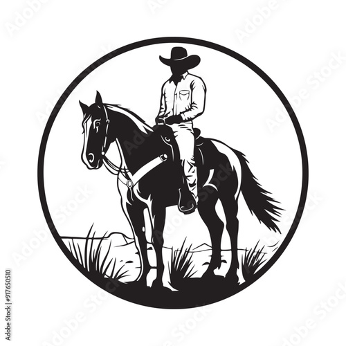 Rodeo retro logo with cowboy horse rider silhouette on circle isolated on white background