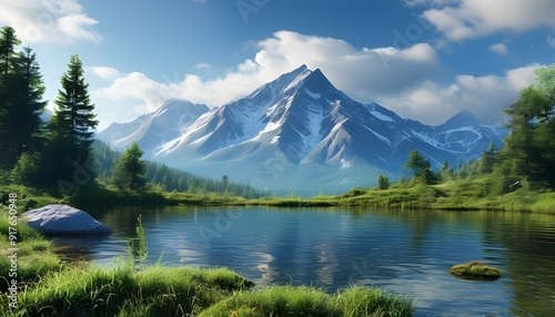 Peaceful mountains and lakes, surrounded by green trees, and sunny natural scenery.