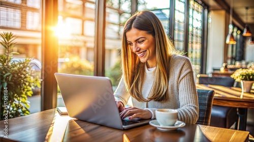 young smiling casual lady working laptop cozy coffee shop natural sunlight