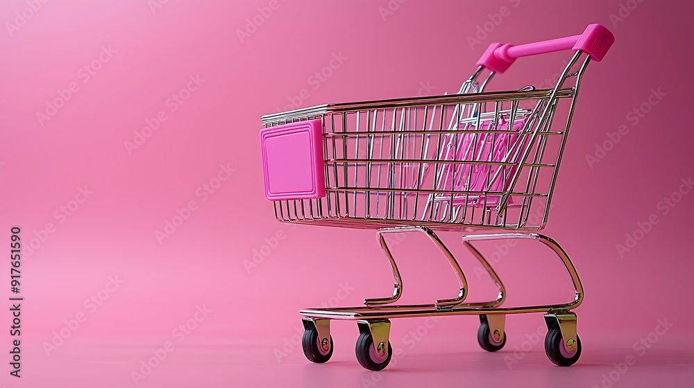 A minimalist pink shopping cart stands on a matching pink background. The cart is empty, and the monochromatic setting highlights its sleek design, creating a modern and clean visual. A minimalist pink shopping cart stands on a matching pink background. The cart is empty, and the monochromatic setting highlights its sleek design, creating a modern and clean visual.