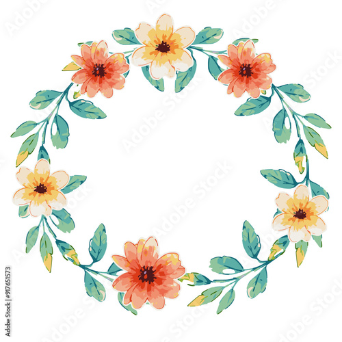 Round frame with watercolor flowers and leaves.
