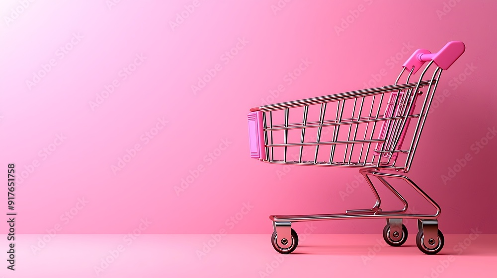 A minimalist pink shopping cart stands on a matching pink background. The cart is empty, and the monochromatic setting highlights its sleek design, creating a modern and clean visual. A minimalist pink shopping cart stands on a matching pink background. The cart is empty, and the monochromatic setting highlights its sleek design, creating a modern and clean visual.