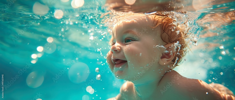 little baby swims underwater in clear blue water of a pool, funny portrait of toddler learns swimming, kids water sports activity, baby swimming lesson little baby swims underwater in clear blue water of a pool, funny portrait of toddler learns swimming, kids water sports activity, baby swimming lesson