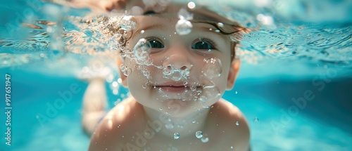 little baby swims underwater in clear blue water of a pool, funny portrait of toddler learns swimming, kids water sports activity, baby swimming lesson photo