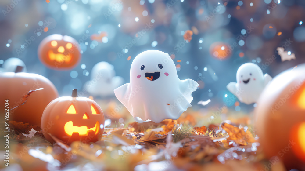A futuristic Halloween forest at night scene with adorable cartoon ghosts floating around with happy smiling face expression pumpkins for Ads, social media, banner. Happy halloween holiday concept A futuristic Halloween forest at night scene with adorable cartoon ghosts floating around with happy smiling face expression pumpkins for Ads, social media, banner. Happy halloween holiday concept