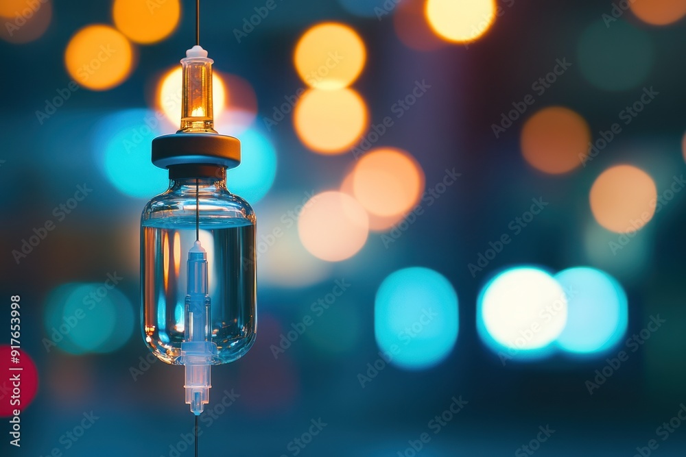 A single medicine bottle hanging against a bokeh background, medical syringe, pharmaceutical, medical treatment A single medicine bottle hanging against a bokeh background, medical syringe, pharmaceutical, medical treatment