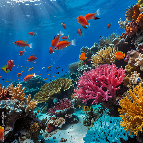 A colorful reef with many fish and coral. The scene is vibrant and lively