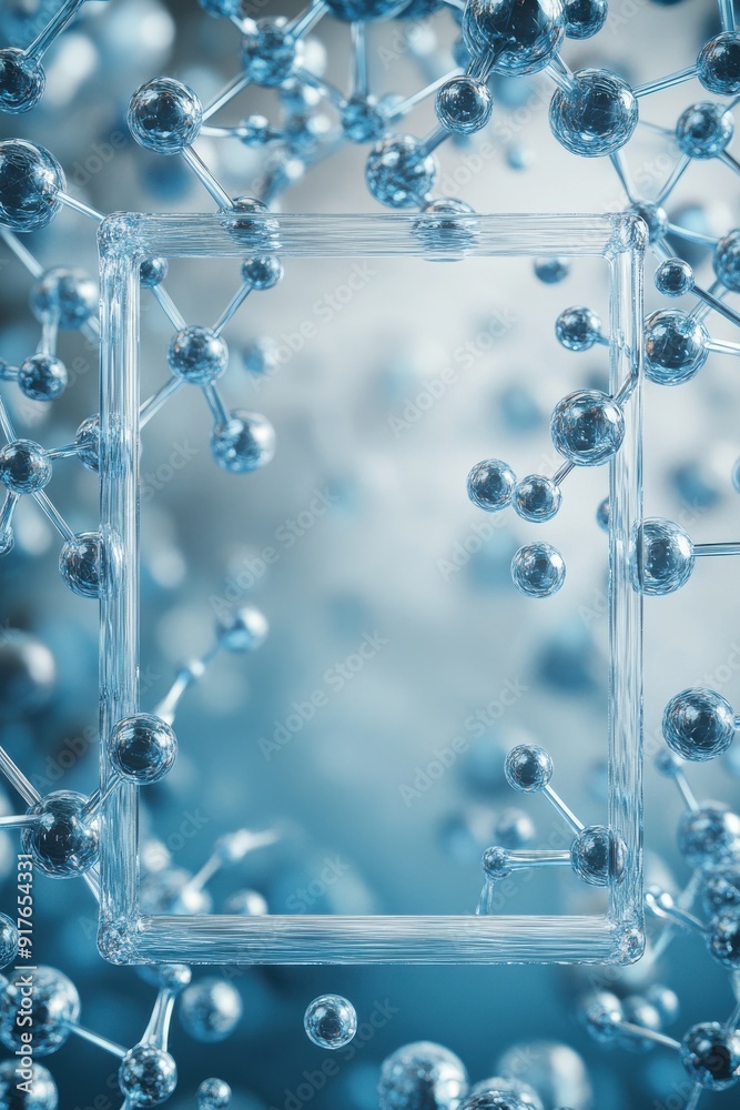 Obraz premium Abstract molecular structure with a transparent frame surrounded by blue atoms, representing science and technology themes.