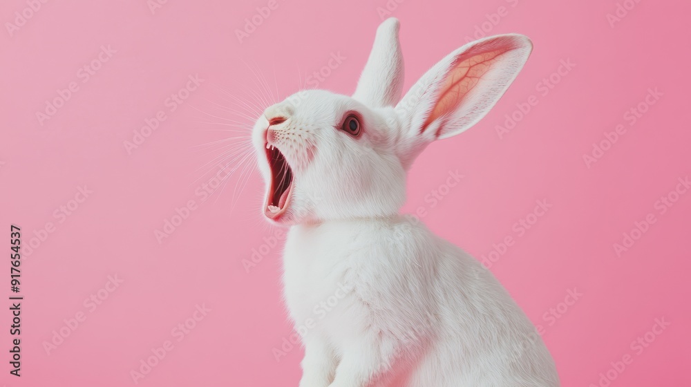 Fototapeta premium White Rabbit Yawning Against Pink Background