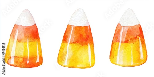 Charming watercolor candy corn, perfect for autumn decor, Halloween celebrations, and seasonal treats.