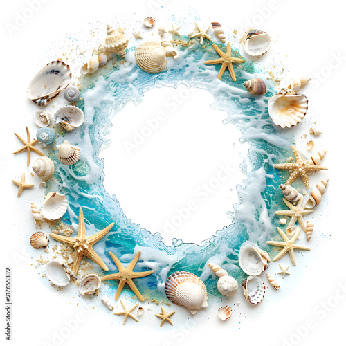 Summer beach waves frame with seashells wreath frame illustration photo