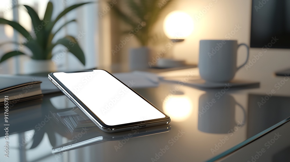 Smartphone on a Glass Desk with a Blurred Background