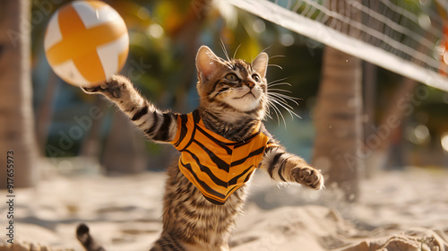 Tabby Cat Playing Beach Volleyball in Striped Shirt on Sandy Beach photo