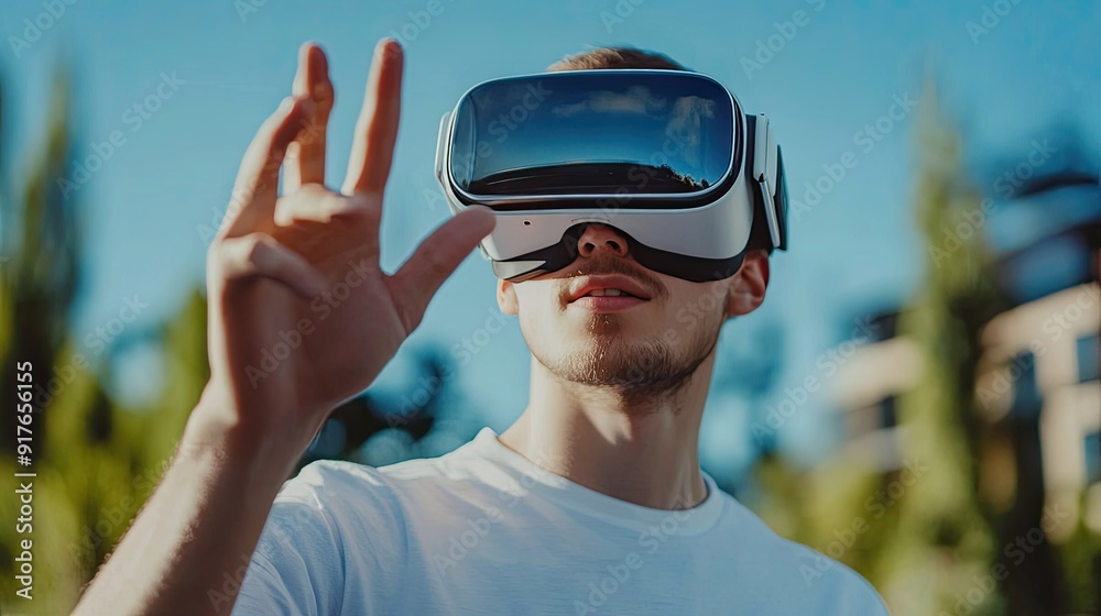 man touching air in VR glasses man touching air in VR glasses
