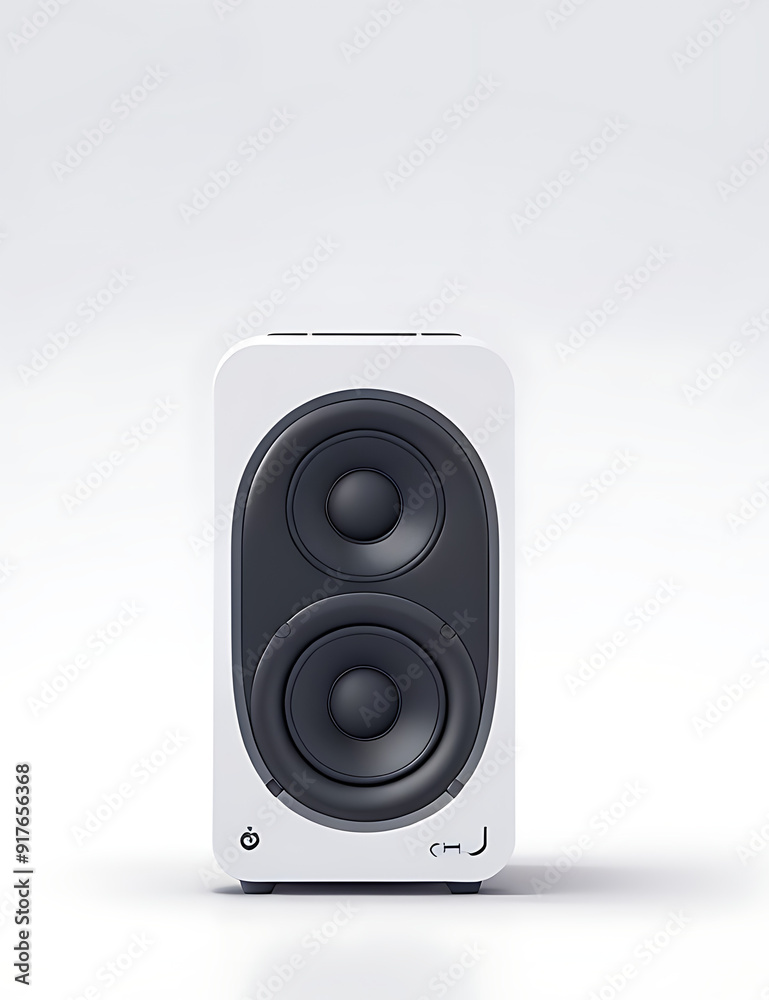 Fototapeta premium High-Resolution Mock-Up of a Sleek Bluetooth Speaker with a Minimalist Design and Metallic Finish on a Plain White Background, Featuring Ample Copy Space for Custom Branding