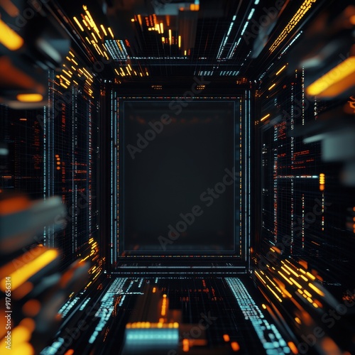 Futuristic digital tunnel with glowing lines and circuit patterns, representing technology and innovation.