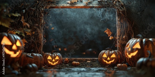 Spooky Halloween scene featuring carved pumpkins with glowing faces, set in an eerie atmosphere with autumn leaves.
