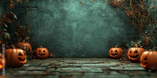 Spooky Halloween scene with carved pumpkins illuminated in a dark, atmospheric setting, perfect for autumn festivities.