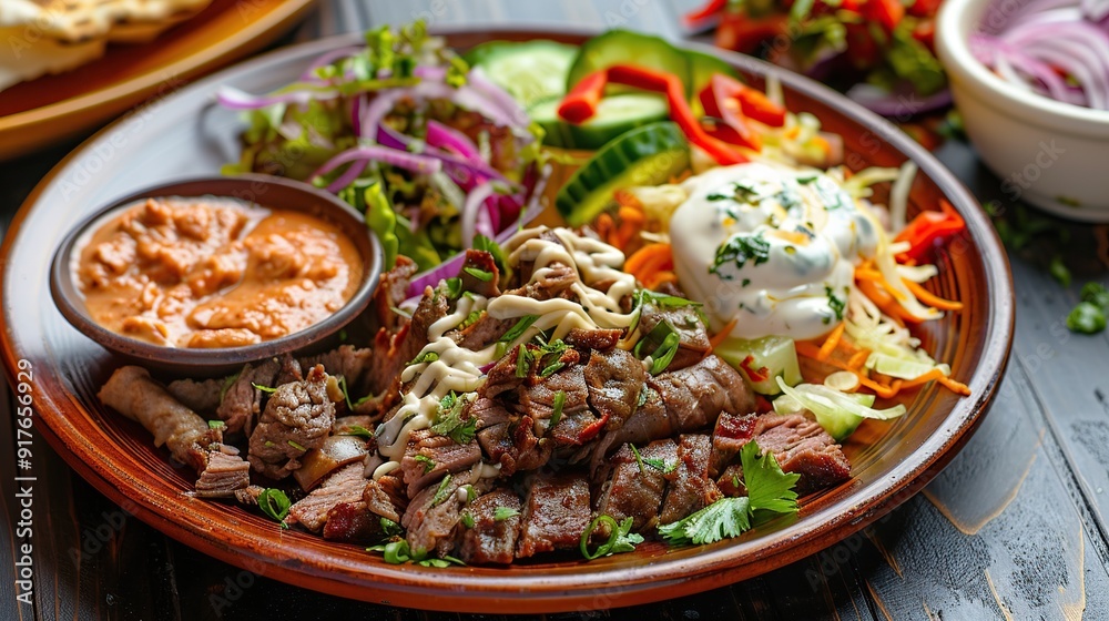 Eastern traditional Turkey shawarma plate with sauce . Generative Ai Eastern traditional Turkey shawarma plate with sauce . Generative Ai