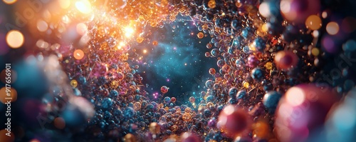 Vibrant abstract background showcasing swirling particles illuminated with glowing lights, creating a mesmerizing visual effect.