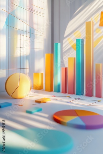 Vibrant 3D data visualization featuring colorful graphs and geometric shapes, ideal for presentations and creative projects.