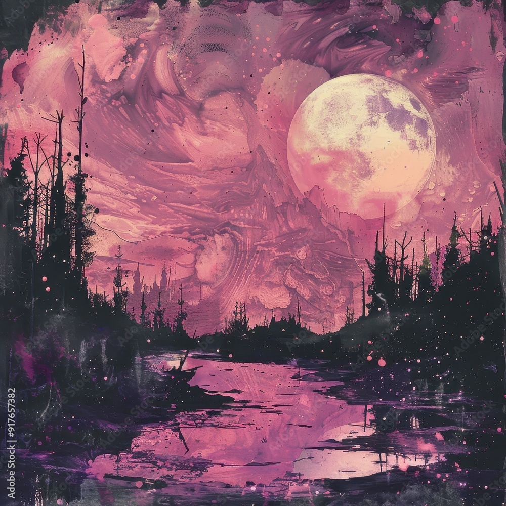 Obraz premium A painted landscape with a large pink moon and a silhouetted forest in the foreground