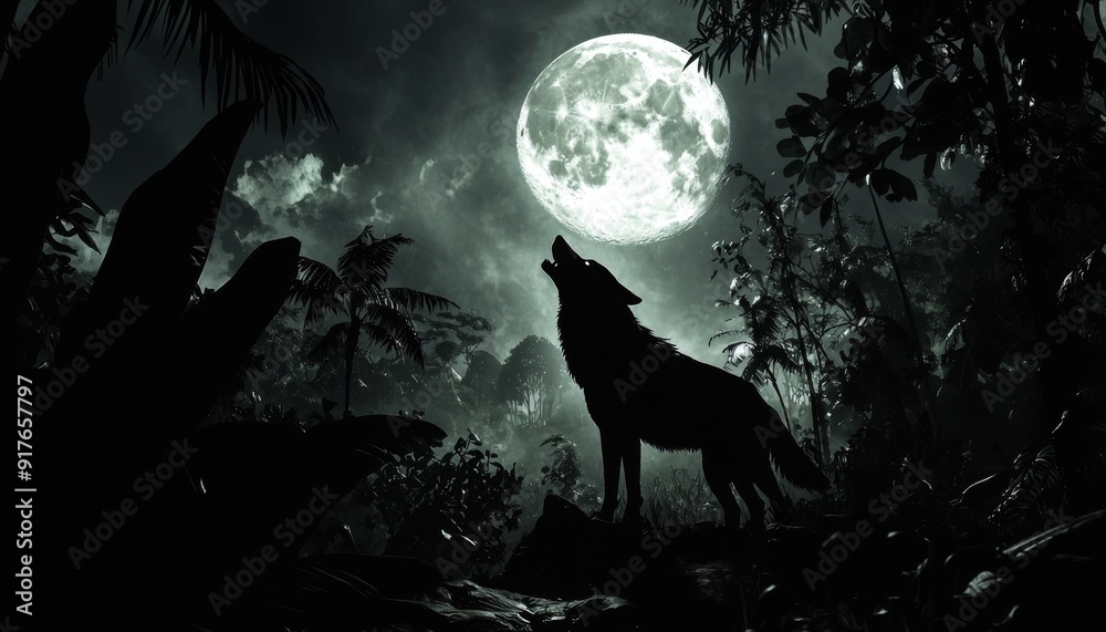 A wolf silhouette howling at a full moon, with a dense night jungle in the background, the bright moon casting shadows over the trees, creating a haunting and mystical atmosphere, the wolf standing A wolf silhouette howling at a full moon, with a dense night jungle in the background, the bright moon casting shadows over the trees, creating a haunting and mystical atmosphere, the wolf standing