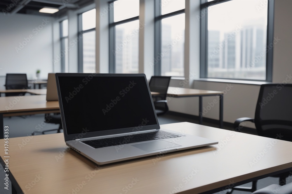 A modern office building's interior featuring a laptop on a desk A modern office building's interior featuring a laptop on a desk