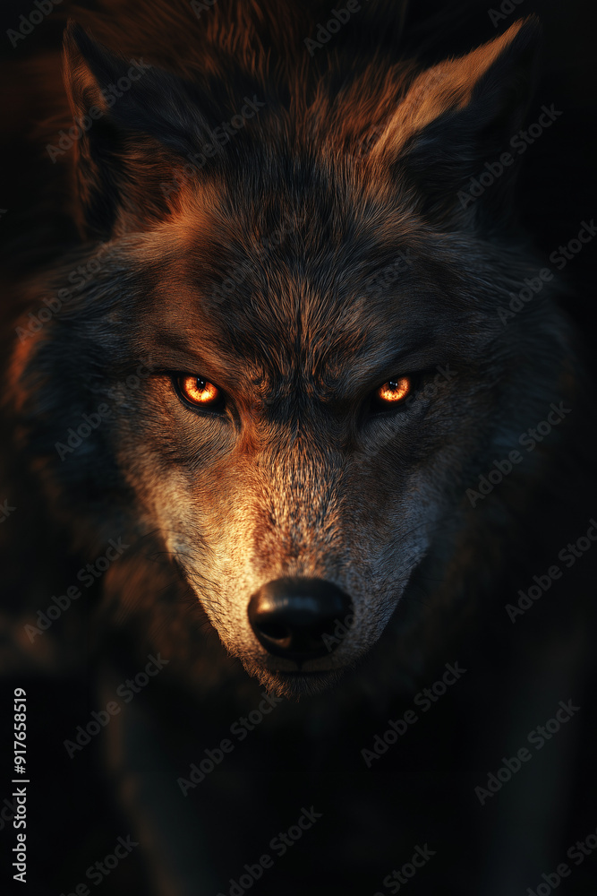 A striking close-up of a wolf with intense, glowing amber eyes, exuding a sense of power and mystery. A striking close-up of a wolf with intense, glowing amber eyes, exuding a sense of power and mystery.