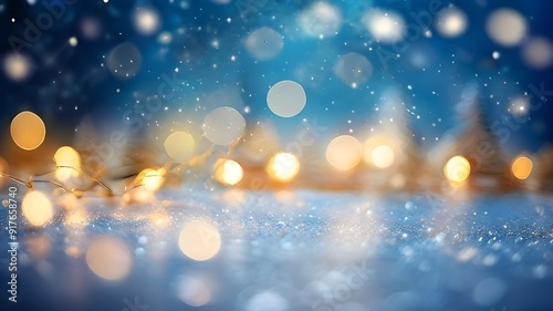 Christmas Background in blue with stars and glitter. Abstract blue wallpapers. Golden Anniversary light particles bokeh on a blue wallpaper.
