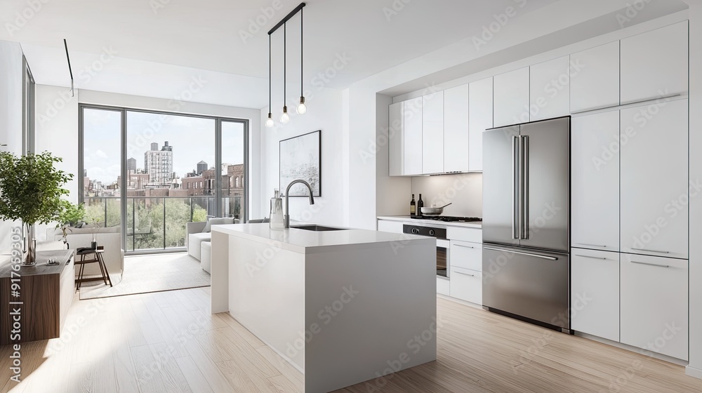 custom made wallpaper toronto digitalOpen plan kitchen with modern appliances and clean countertop with white cabinets in contemporary apartment