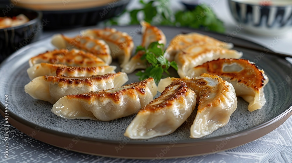 Gyoza Japanese korean dumplings on gray plate on the table. Generative Ai Gyoza Japanese korean dumplings on gray plate on the table. Generative Ai