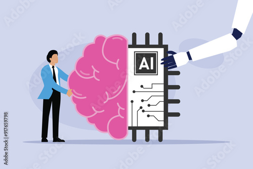 Working with AI. Human and machine collaboration, integrating artificial intelligence and neural networks 2d flat vector illustration