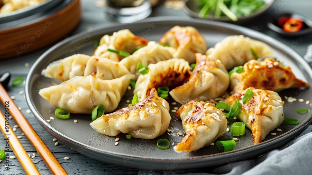 Gyoza Japanese korean dumplings on gray plate on the table. Generative Ai Gyoza Japanese korean dumplings on gray plate on the table. Generative Ai