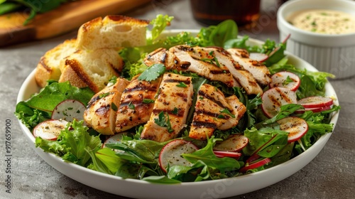 a fresh garden salad topped with grilled chicken, served with a side of garlic bread.