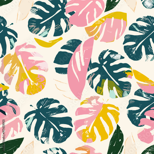 Abstract Tropical Leaf Pattern with a White Background A seamless repeating pattern with leaves in shades of pink yellow and green The leaves have a hand-drawn textured look