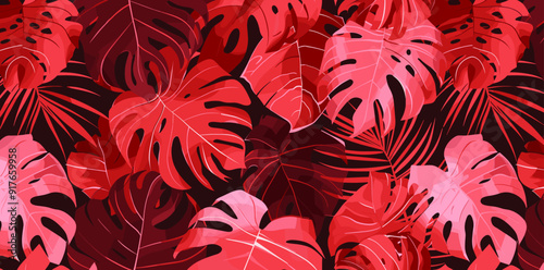 Seamless Pattern of Red and Pink Tropical Leaves