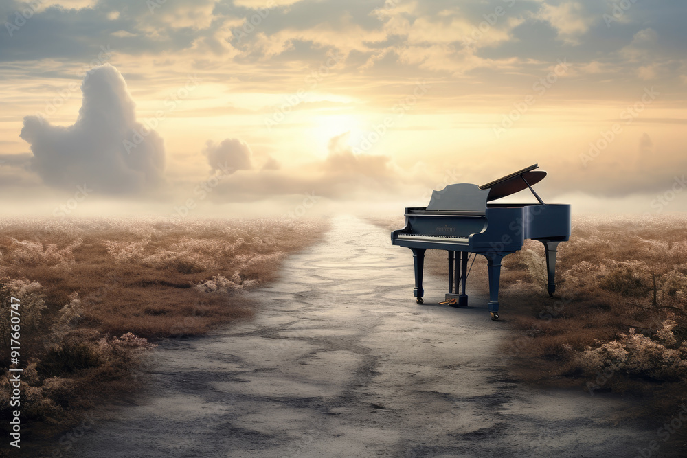 generated illustration grand piano with rural landscape with a path generated illustration grand piano with rural landscape with a path