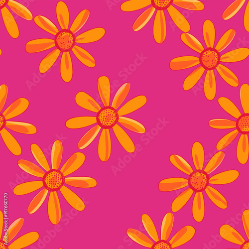 A vibrant seamless pattern featuring stylized yellow daisies on a bright pink background Perfect for adding a cheerful and summery touch to any design project
