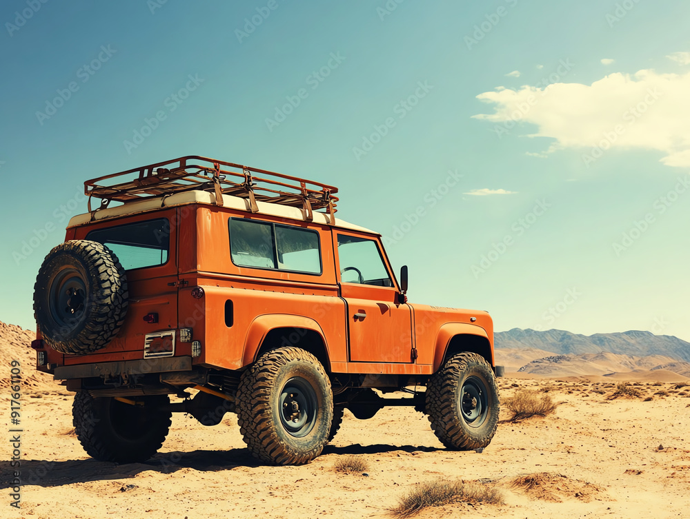 Retro 1970s off-road vehicle with rugged tires and a roof rack, parked at the edge of a desert, ready for an adventure under the hot sun Retro 1970s off-road vehicle with rugged tires and a roof rack, parked at the edge of a desert, ready for an adventure under the hot sun
