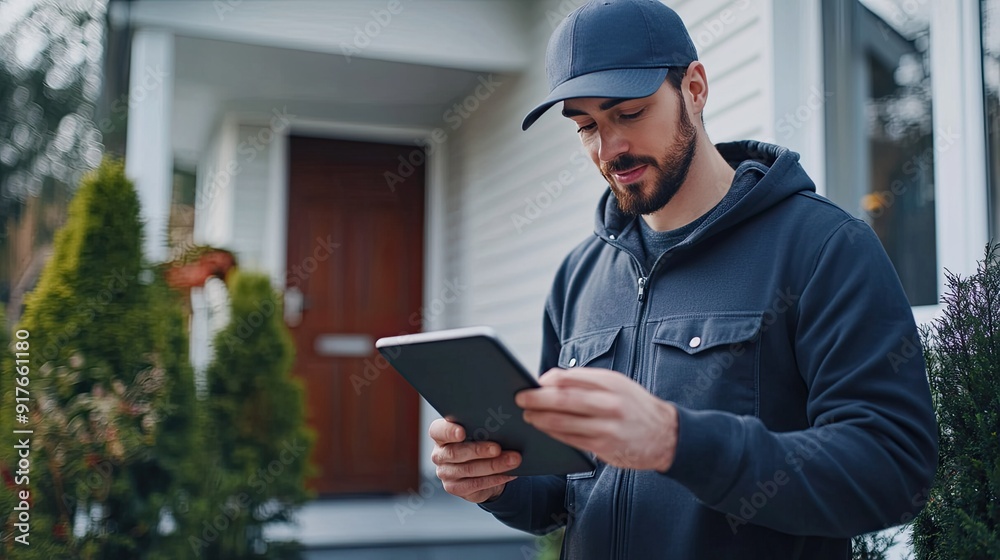delivery man searching the address on digital tablet. Delivery service delivery man searching the address on digital tablet. Delivery service